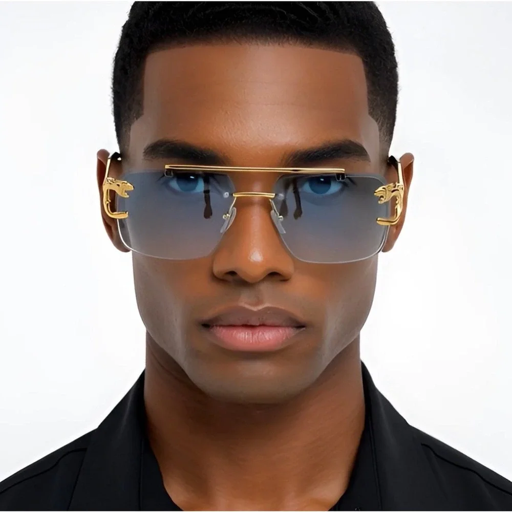 Rimless Rectangle Sunglasses Green Lens Fashion Shades Hip Hop Designer‎ Lentes